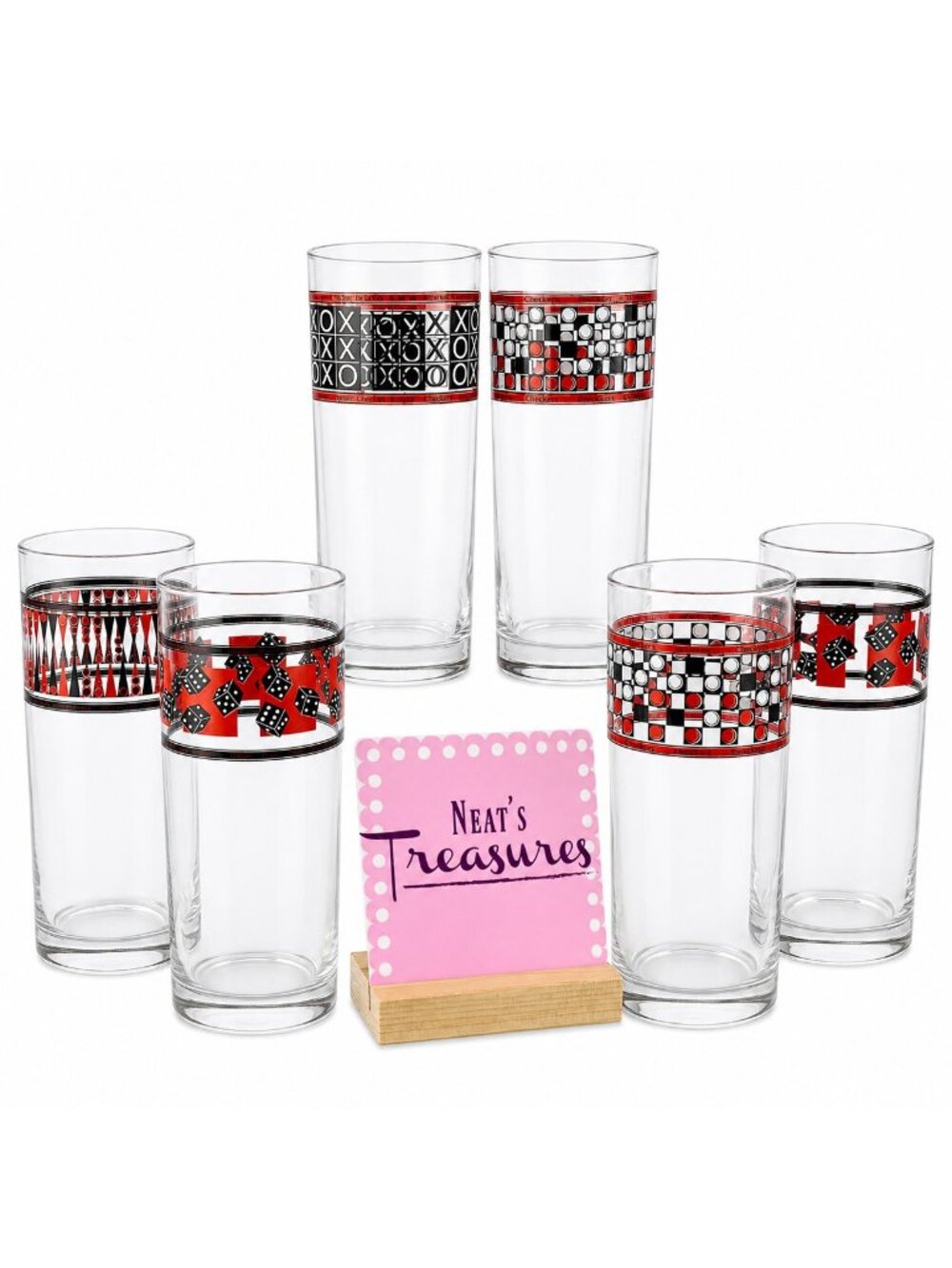Home Essential CLASSIC GAMES Style 1916 Black Red Motif Highball Glasses Set 6